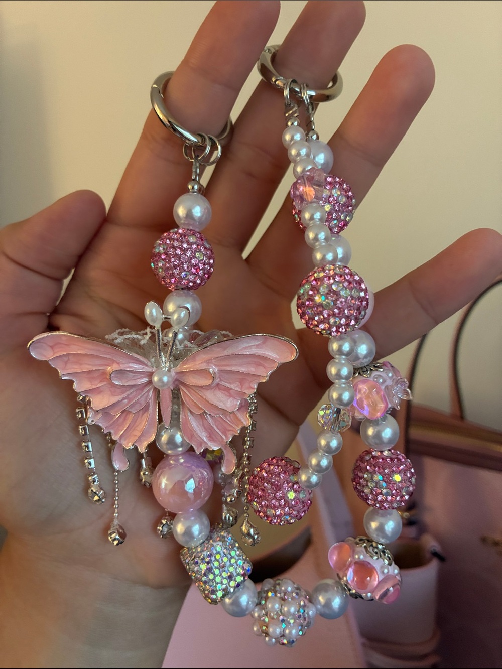 Pink/ Silver Butterfly Beaded Keychain Bag Chain - Picture 2 of 2